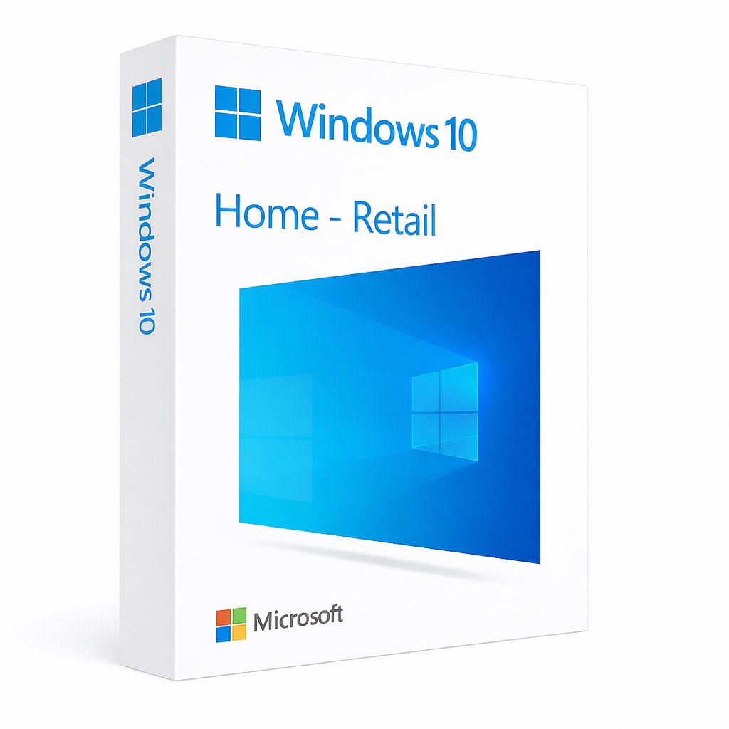 2 Pcs Min Order Windows 10 Home Retail product box with a minimalist white Microsoft-style packaging design, blue Windows 10 artwork, and retail edition branding for Home version.