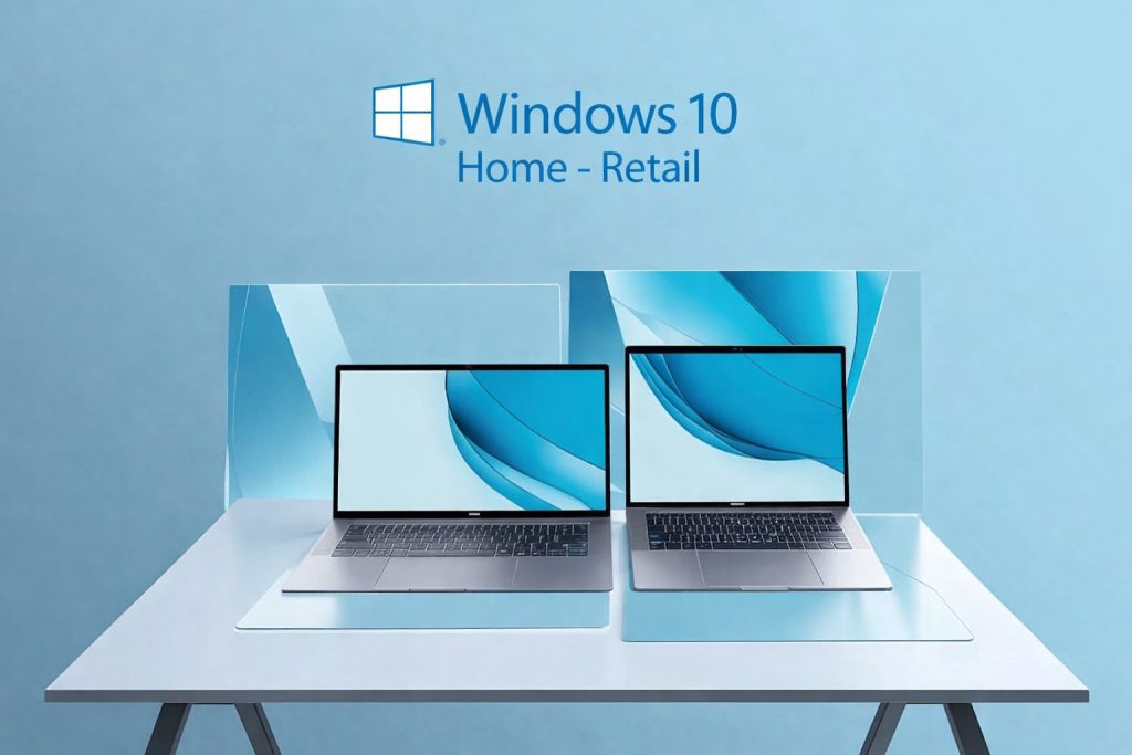Two modern laptops on a sleek white table, both running Windows 10 Home Retail, with a stylish blue-themed background.