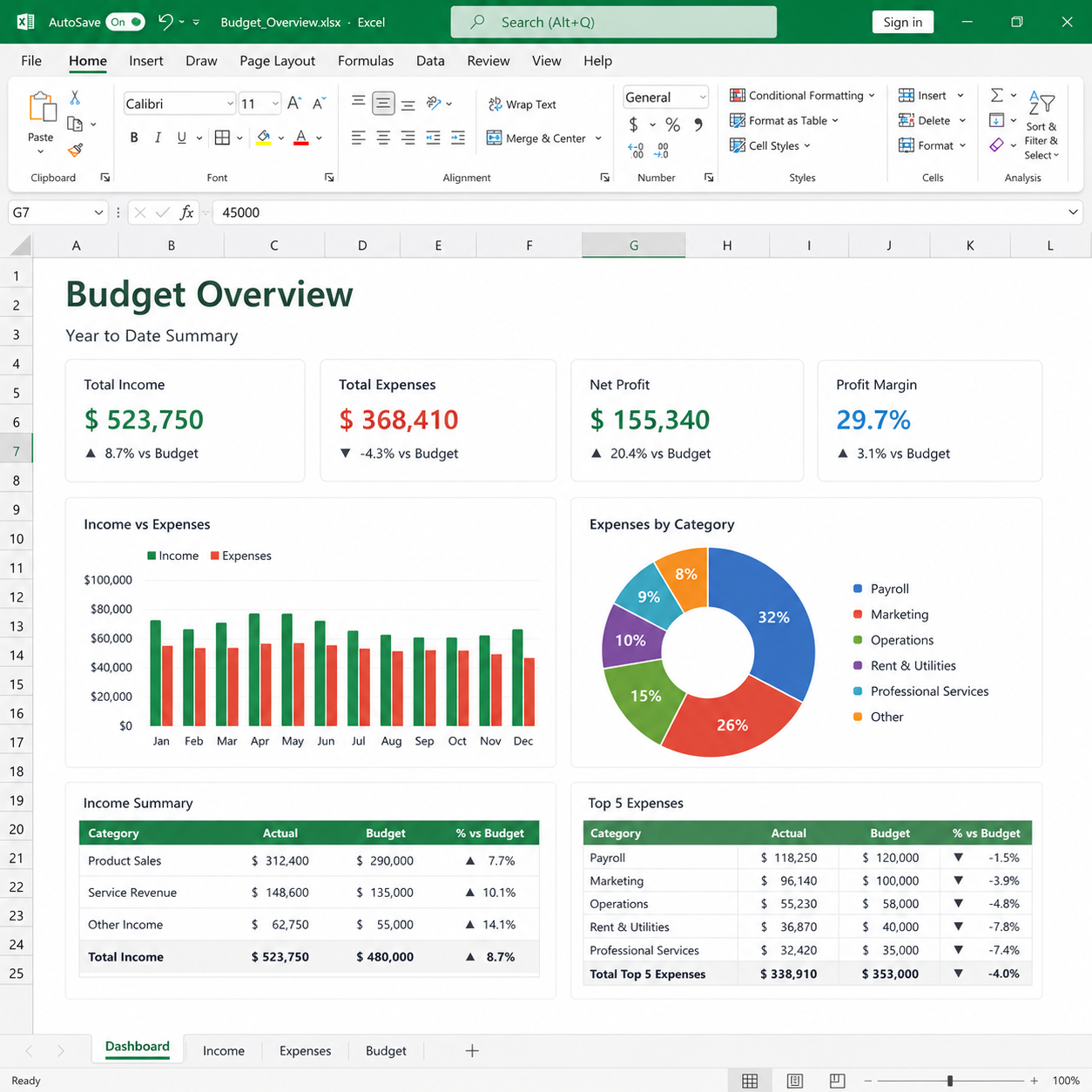 Microsoft Excel from Office Professional Plus 2021 displaying a Budget Overview dashboard with financial metrics, including total income, total expenses, net profit, and profit margin. The workbook features bar and doughnut charts, income and expense summaries, category breakdowns, and multiple worksheet tabs, demonstrating realistic everyday business use of Microsoft Office.