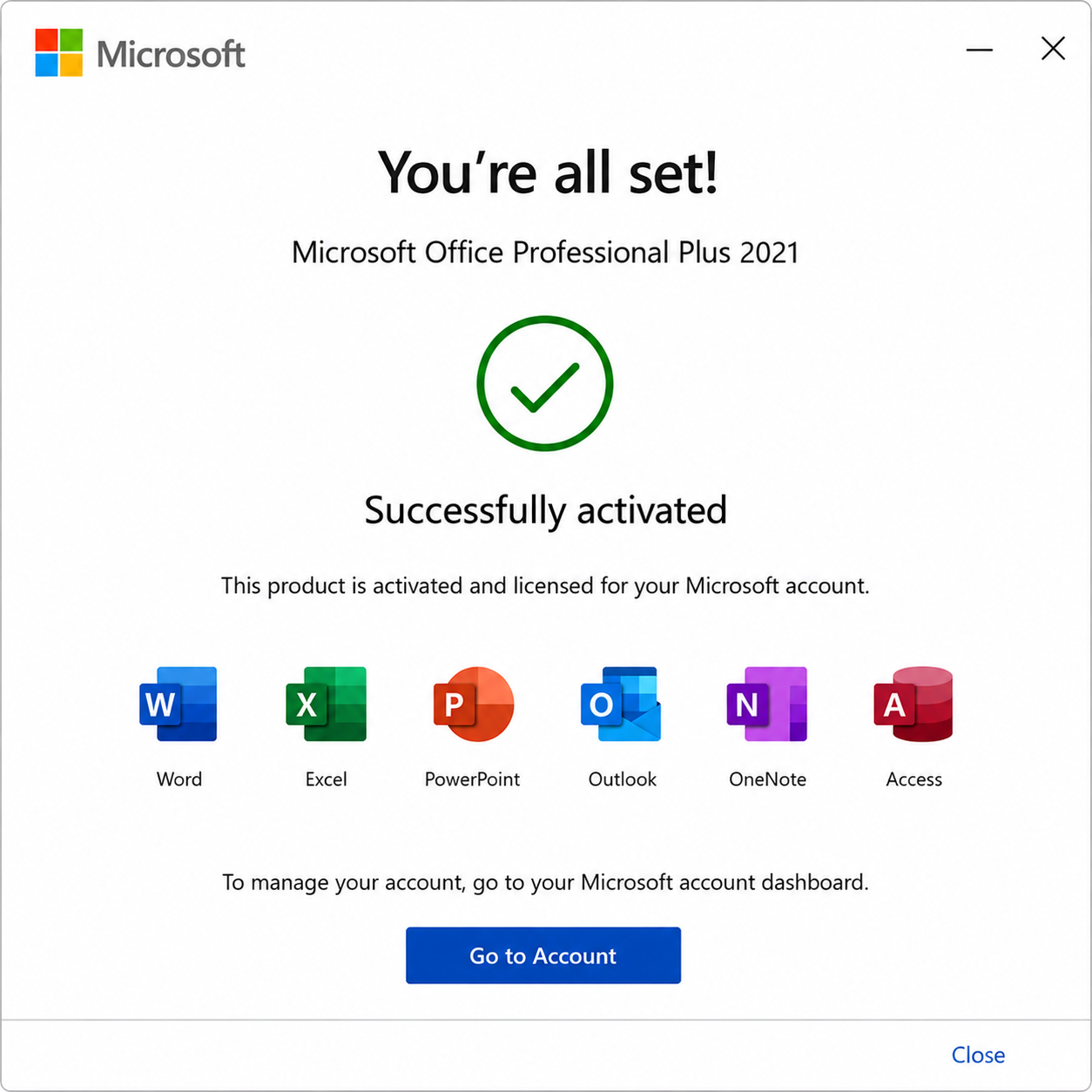 Microsoft Office Professional Plus 2021 activation confirmation screen displaying the message "You're all set!" with a green check mark and "Successfully activated." The screen confirms the product is activated and licensed for the Microsoft account, shows icons for Word, Excel, PowerPoint, Outlook, OneNote, and Access, and includes a "Go to Account" button.