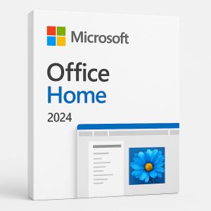 Product box image for Microsoft Office Home 2024, featuring the latest generation of Microsoft's essential productivity suite for home users. Includes core applications such as Word, Excel, PowerPoint, and OneNote, designed for students, families, personal projects, document creation, budgeting, presentations, and everyday productivity on Windows and Mac devices.