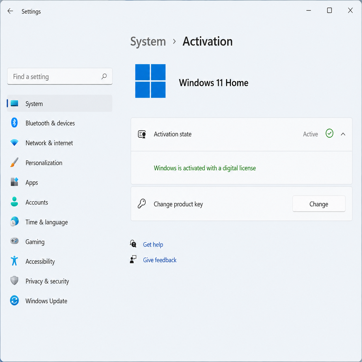 Windows 11 Home Activation settings page showing a successful OEM activation. The screen displays the activation status as Active, with the message "Windows is activated with a digital license", confirming that Windows 11 Home is genuine and properly licensed.