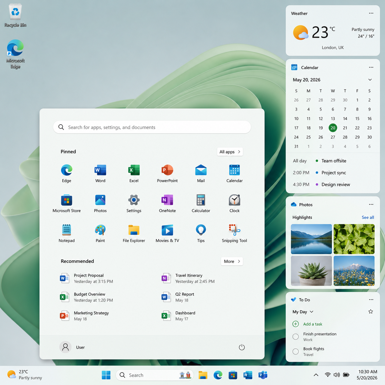 Windows 11 Home desktop with the Start menu open, showing pinned apps including Microsoft Edge, Word, Excel, PowerPoint, Mail, Calendar, OneNote, Settings, Calculator, Paint, and File Explorer. The Widgets panel displays weather, calendar, photos, and Microsoft To Do, illustrating a realistic Windows 11 Home OEM desktop in everyday use without any activation or licensing messages.