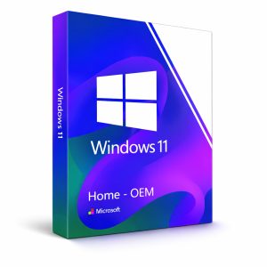 Microsoft Windows 11 Home OEM product box featuring a vibrant blue-purple Microsoft-style packaging design, modern Windows 11 branding, and OEM edition packaging for Windows 11 Home.