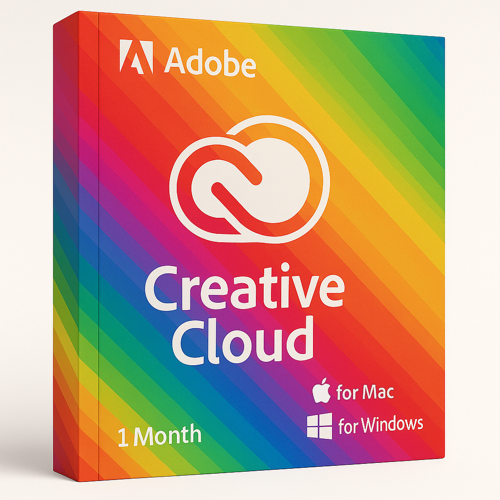 Adobe Creative Cloud - 1 Month product box with a rainbow gradient design, supporting Windows and Mac, with a 1-month subscription.