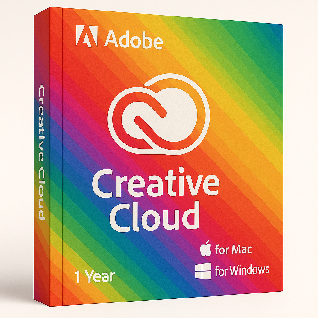 Adobe Creative Cloud - 1 Year product box with a rainbow gradient design, supporting Windows and Mac, with a 1-year subscription.