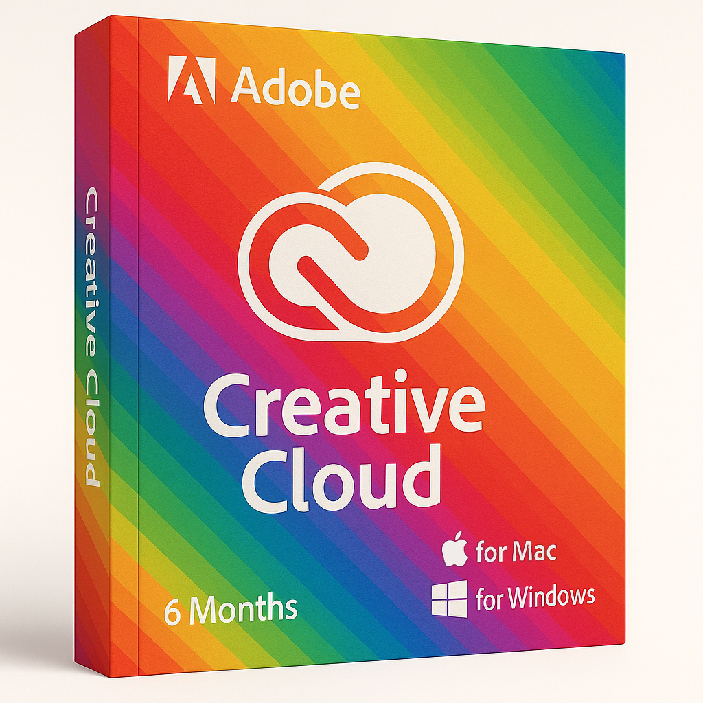 Adobe Creative Cloud - 6 Months product box with a rainbow gradient design, supporting Windows and Mac, with a 6-month subscription.