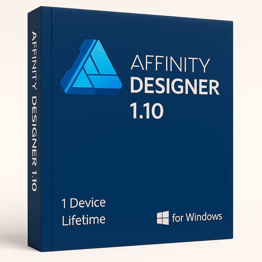 Affinity Designer 1.10 product box with blue design, Windows compatibility, and one device lifetime license.