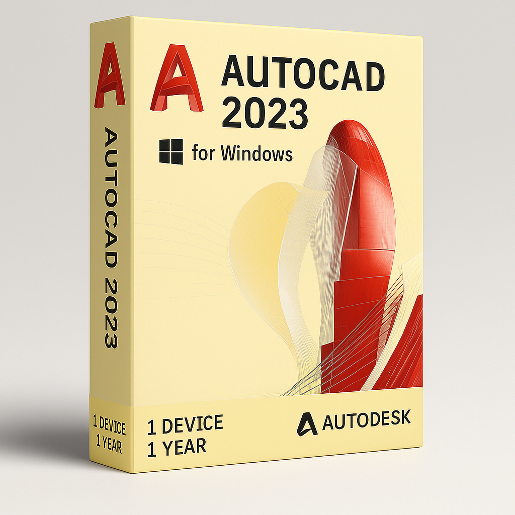 Autodesk AutoCAD 2023 - 1 year for Windows software box featuring red 3D design elements on cream background with Autodesk branding and 1 device 1 year license terms.