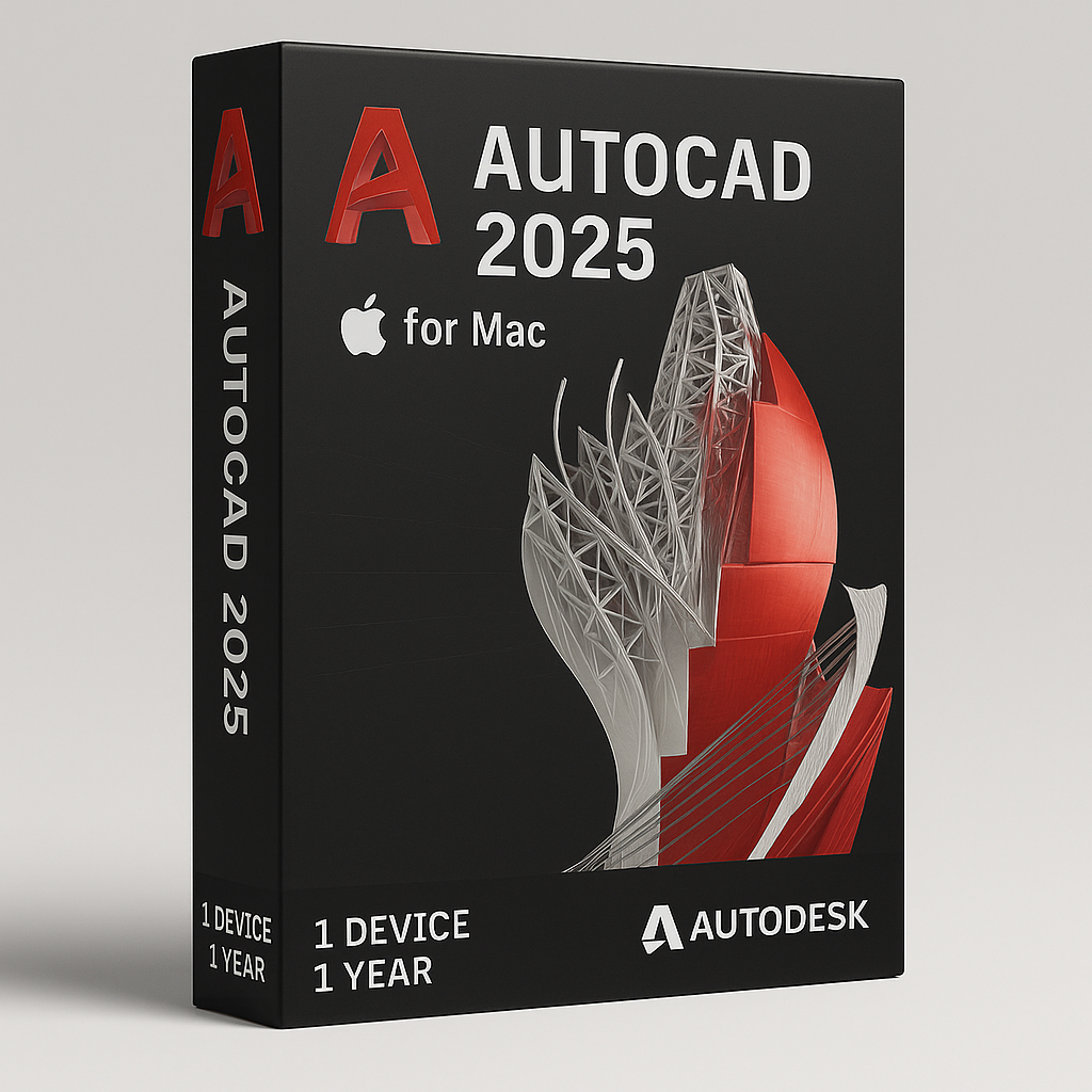 Autodesk AutoCAD 2025 for Mac - 1 year product box with black design, red geometric artwork, Autodesk branding, and one device one year label.