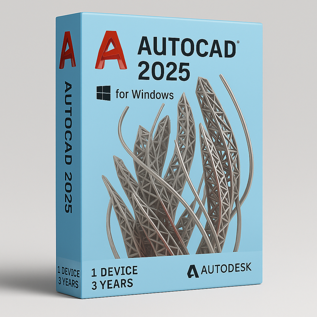 Autodesk AutoCAD 2025 - 3 years for Windows product box with blue design, geometric metal artwork, Autodesk branding, and one device three years label.