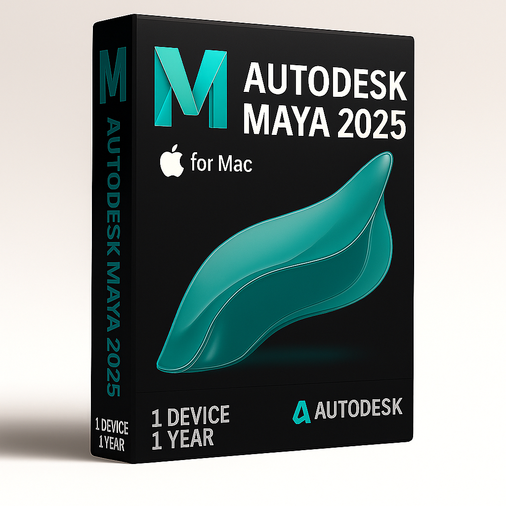 Autodesk Maya 2025 for Mac - 1 year product box, featuring a black premium design with a teal abstract Maya logo, licensed for 1 device with a 1-year subscription.