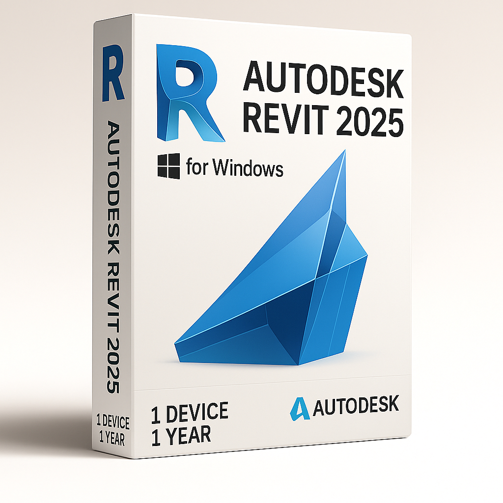 Autodesk Revit 2025 - 1 year product box for Windows, featuring a clean white design with a blue geometric Revit logo, licensed for 1 device with a 1-year subscription.