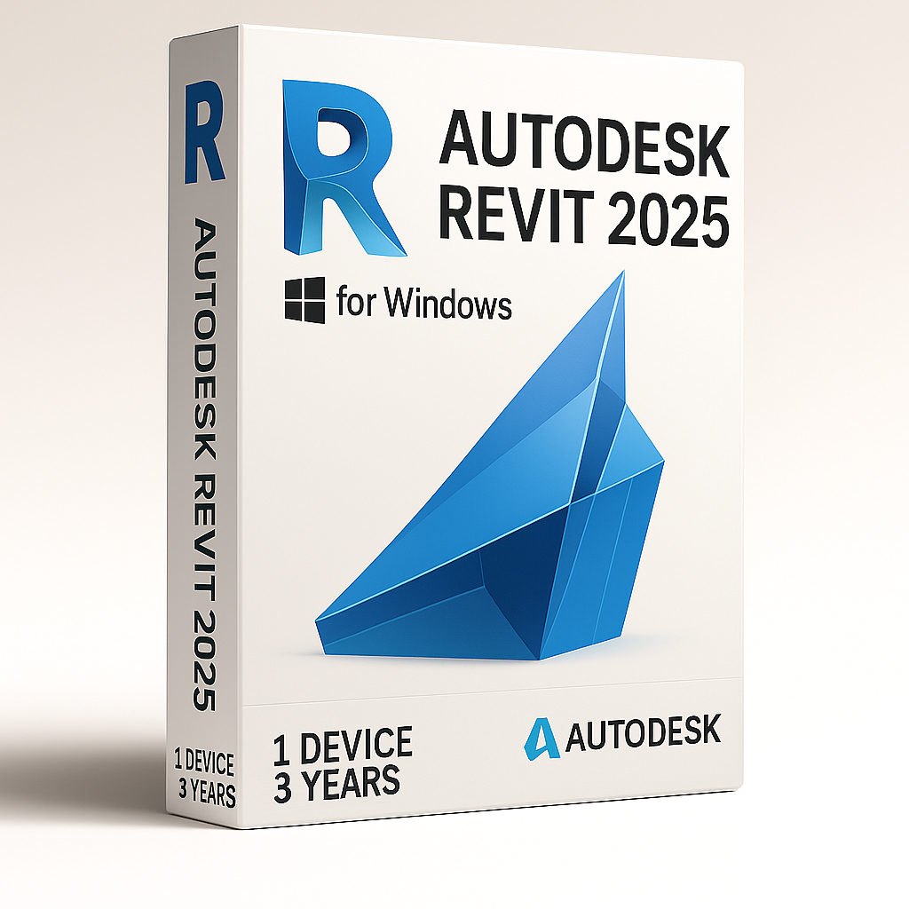 Autodesk Revit 2025 - 3 years product box for Windows, featuring a clean white design with a blue geometric Revit logo, licensed for 1 device with a 3-year subscription.