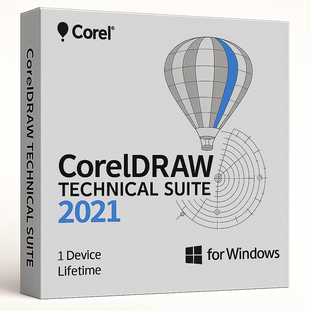 CorelDRAW Technical Suite 2021 product box for Windows with a clean light-gray packaging design, technical drafting artwork, Corel balloon logo, and a lifetime license for 1 device.