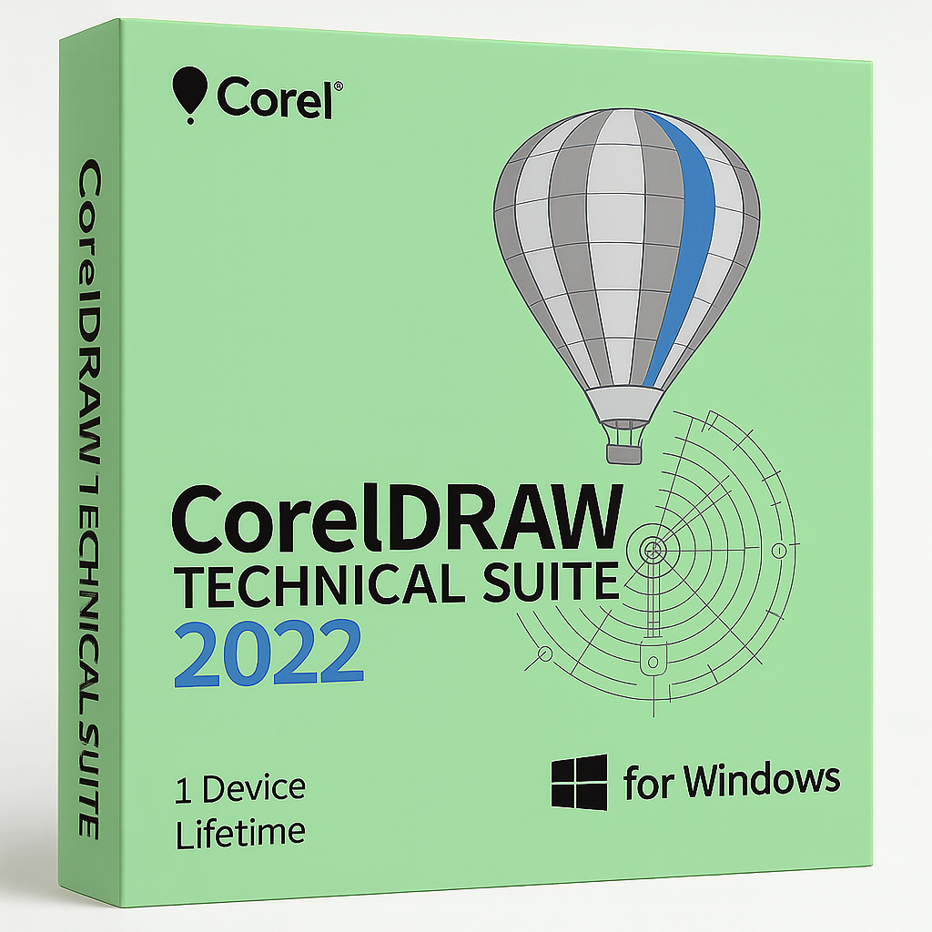CorelDRAW Technical Suite 2022 product box for Windows featuring a soft green packaging design, technical illustration artwork with the Corel balloon logo, and a lifetime license for 1 device.