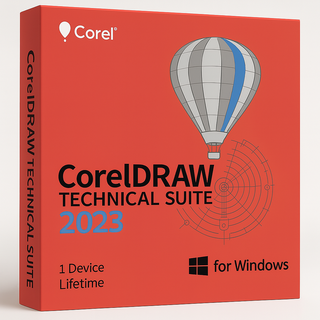 CorelDRAW Technical Suite 2023 product box for Windows featuring a bold coral-red packaging design, technical drafting artwork with the Corel balloon logo, and a lifetime license for 1 device.