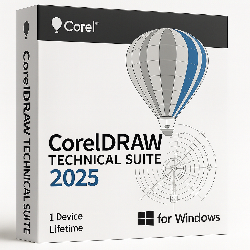 CorelDRAW Technical Suite 2025 product box for Windows featuring a clean white packaging design, Corel balloon logo with engineering-style drafting graphics, and a lifetime license for 1 device.
