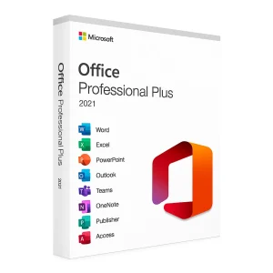 Microsoft Office 2021 Pro Plus por la Windows caja de producto con un diseño moderno en blanco Office 2021 diseño de empaques, colorido Office iconos de la aplicación incluidos Word, Excel, PowerPoint, Outlook, Teams, OneNote, Publisher, y Access, en el que  Professional Plus marca de edición para Windows.