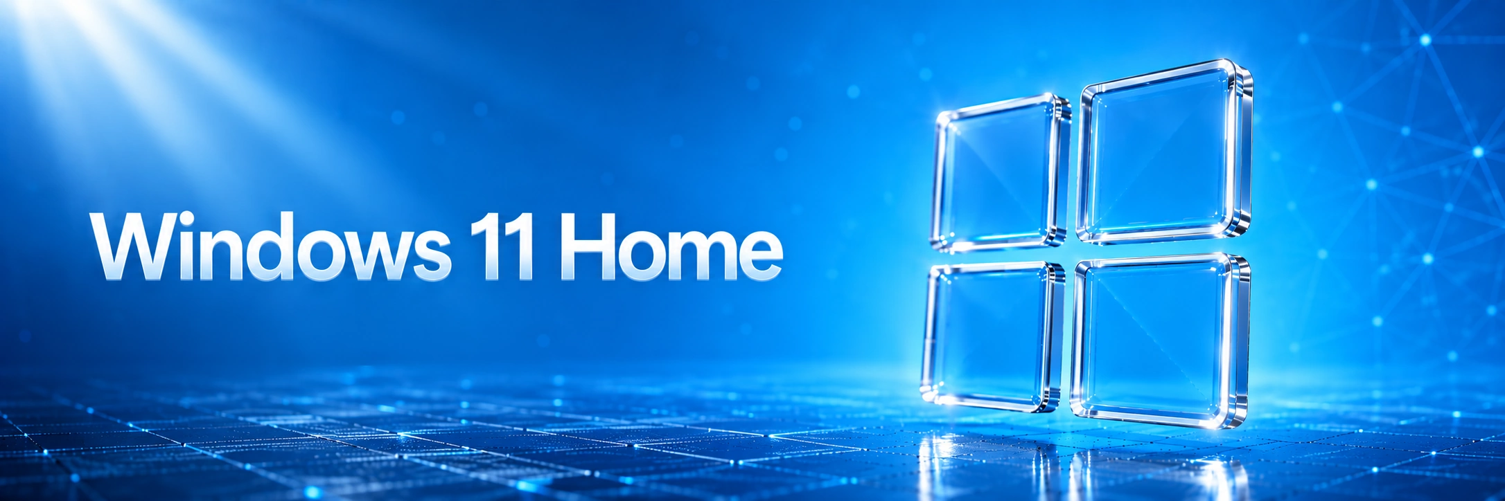 Windows 11 Home Retail, OEM and Bundle Keys Available Modern Windows 11 Home promotional banner featuring clean white typography and a glossy transparent four-panel Windows logo on a bright futuristic blue technology background with digital network elements, cinematic lighting, and reflective floor effects.