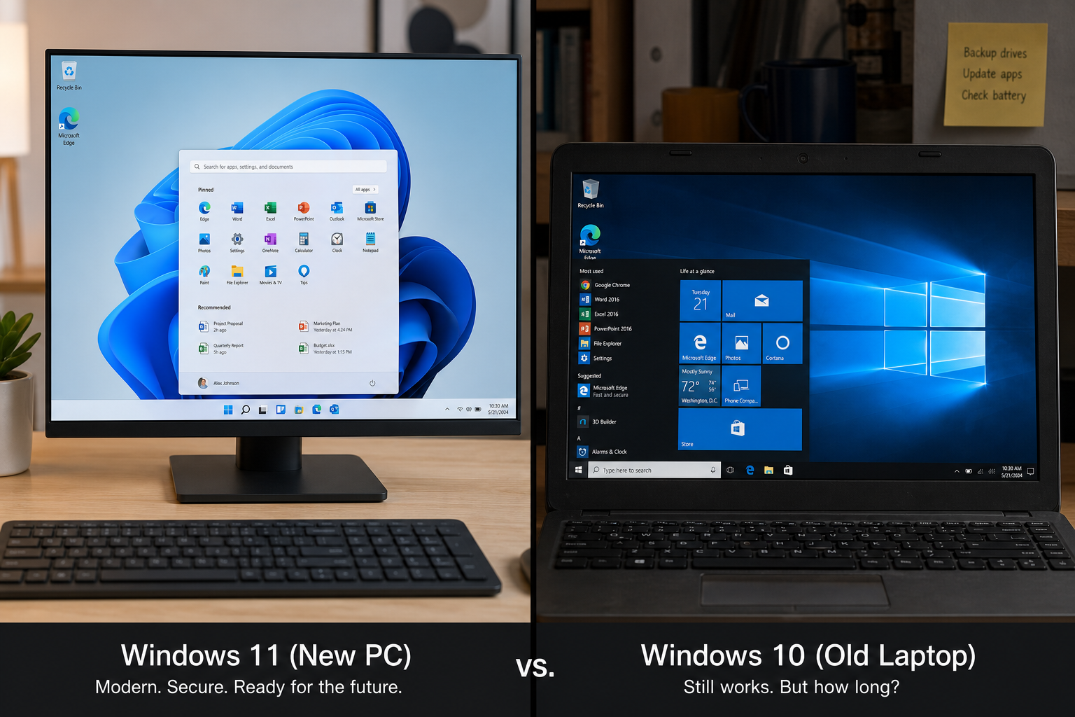 A split-screen image showing a modern Windows 11 desktop on the left and an older laptop still running Windows 10 on the right, illustrating the migration dilemma