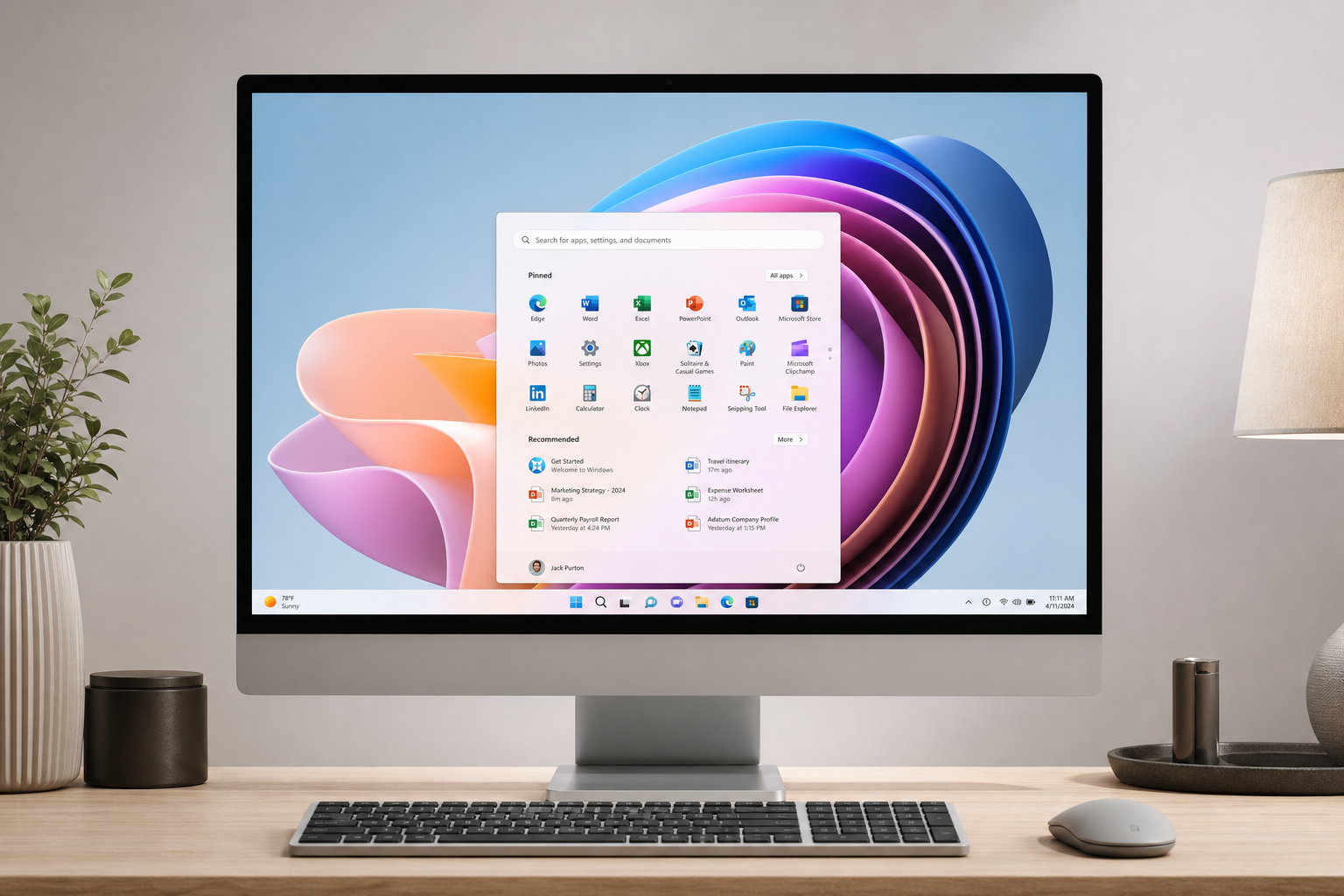 Windows desktop displaying the Start menu with pinned apps like Edge, Word, and Excel, plus recommended documents, with a colorful spiral wallpaper and taskbar at bottom. Suggesting where to buy Windows 11