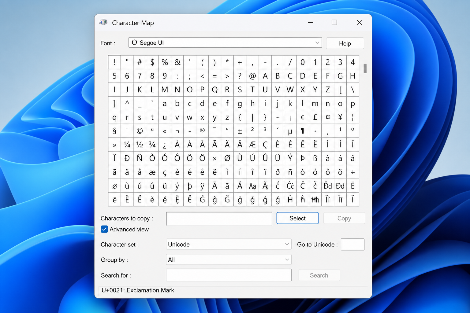 Windows Character Map utility charmap.exe showing special characters grid