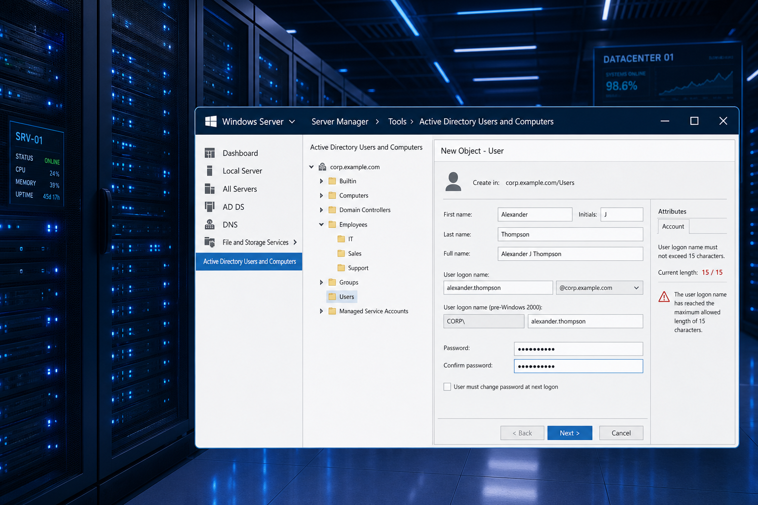 Windows Server admin credentials limit warning in Active Directory console