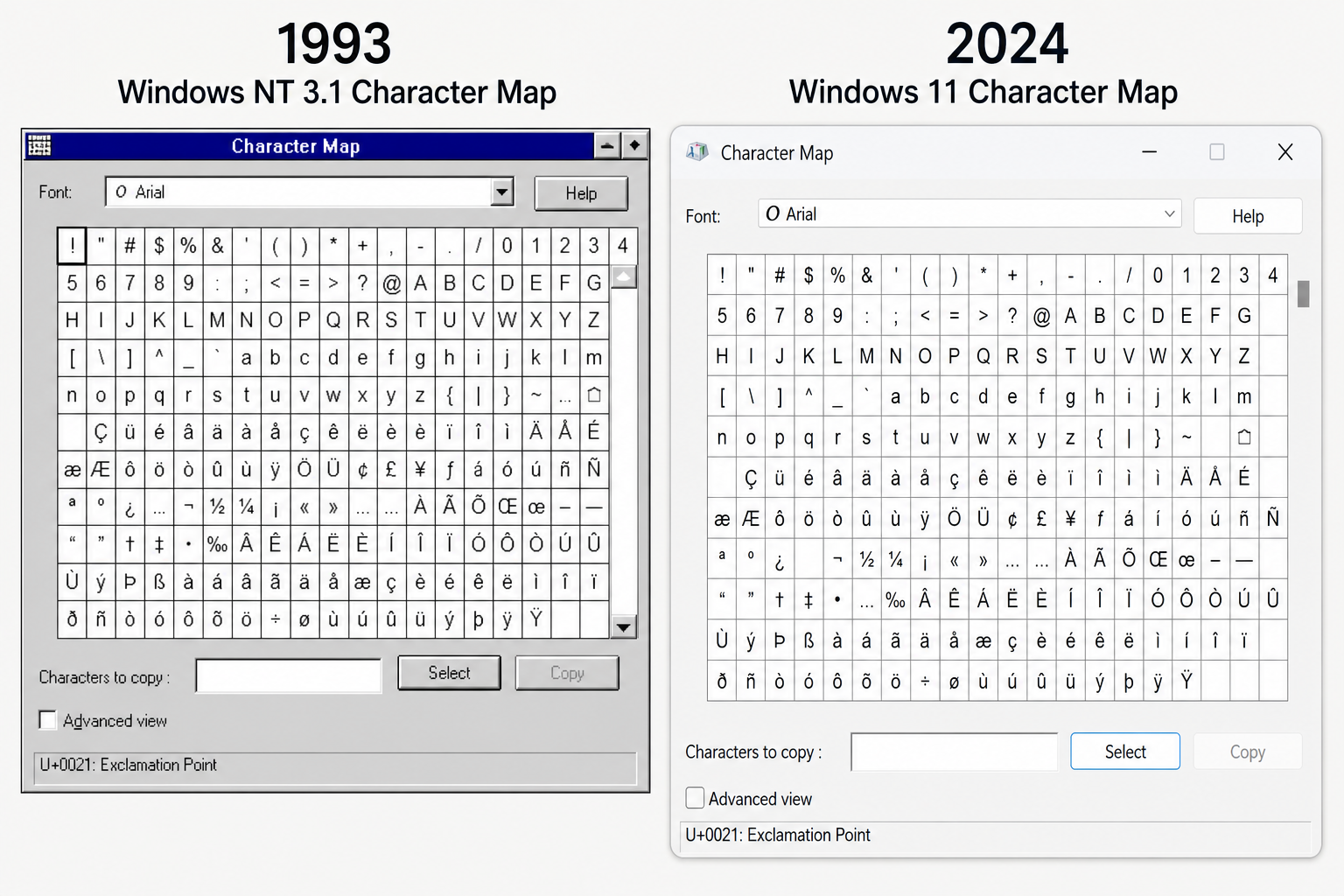 Windows Character Map interface comparison from 1993 NT 3.1 to Windows 11 today
