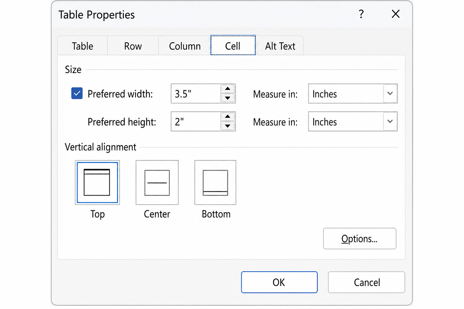 Create business cards in Word using table cell dimension settings