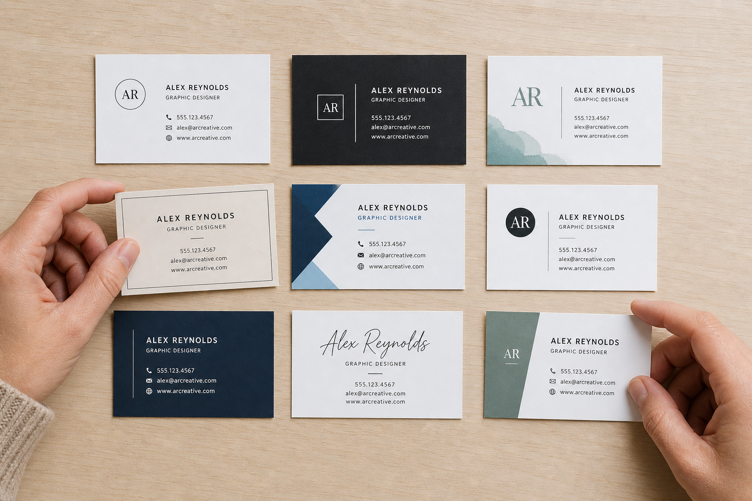 Business card template Word layouts compared side by side on a desk