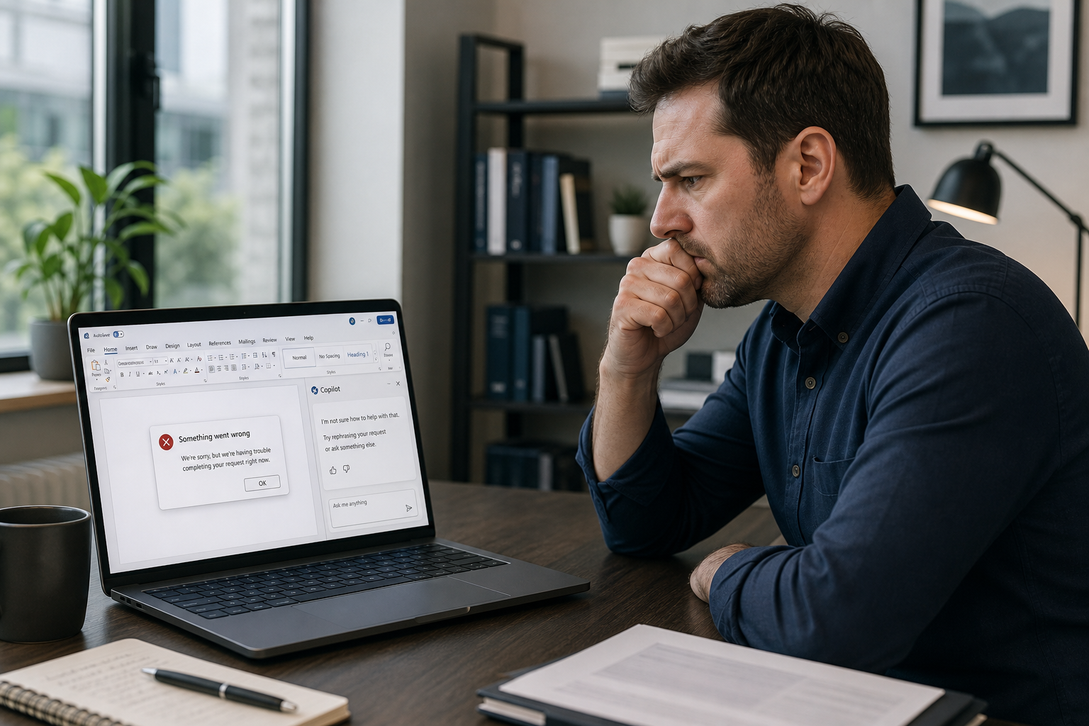 Frustrated professional at a modern desk staring at a laptop screen showing Microsoft Office ribbon with an error or unhelpful AI response, hand resting on chin, natural office lighting, no dates or year text visible in the image