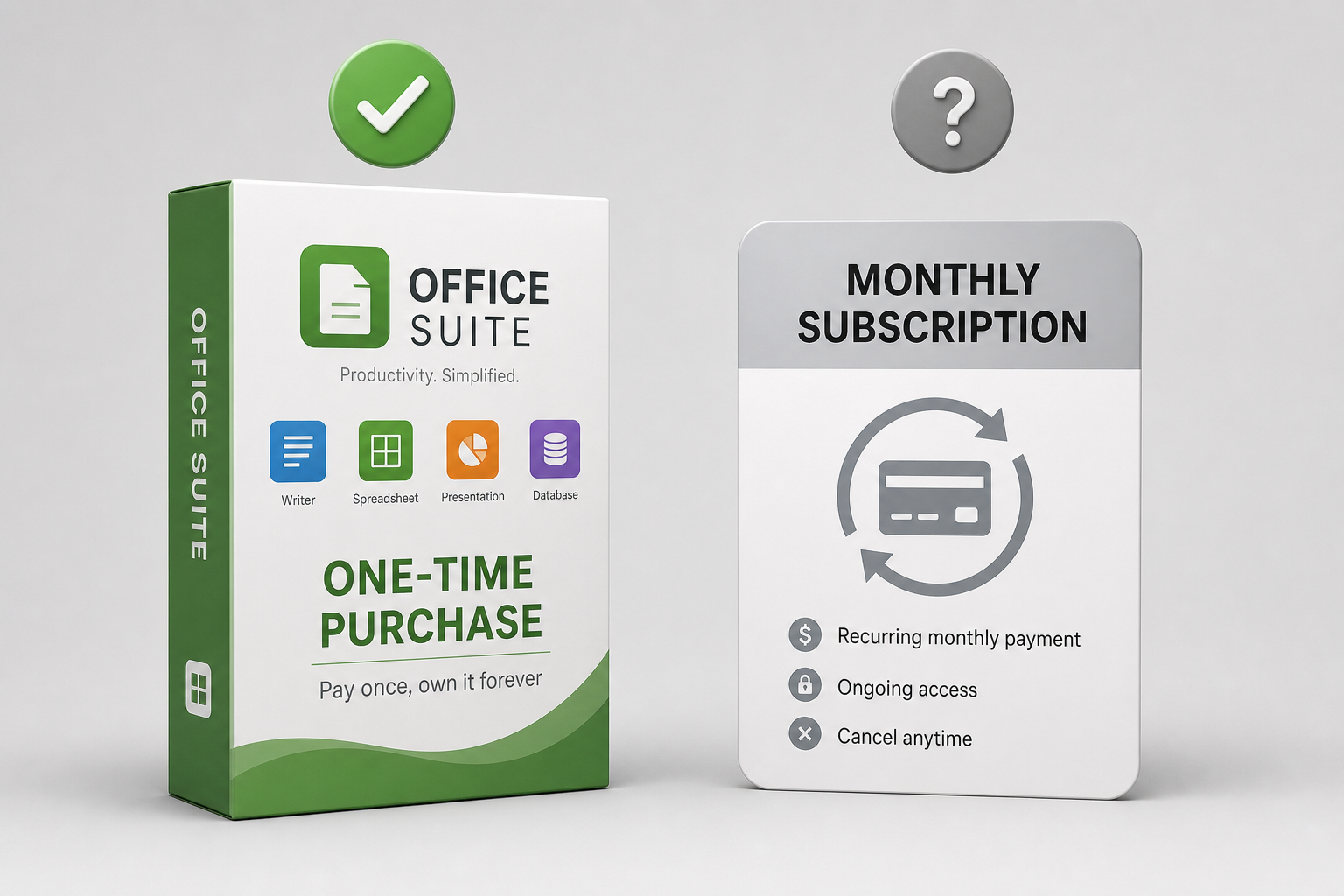 Clean, modern product-style image on a neutral light-grey studio background. Left side: a boxed perpetual desktop office software package standing upright, with a printed box label reading "ONE-TIME PURCHASE" and a smaller line "Pay once, own it forever", and a green circular tick badge floating above the box. Right side: a subscription plan card with a circular recurring-payment arrow icon and a printed label reading "MONTHLY SUBSCRIPTION", with a grey circular question-mark badge floating above the card. Balanced side-by-side composition, soft shadows, no year or date visible.