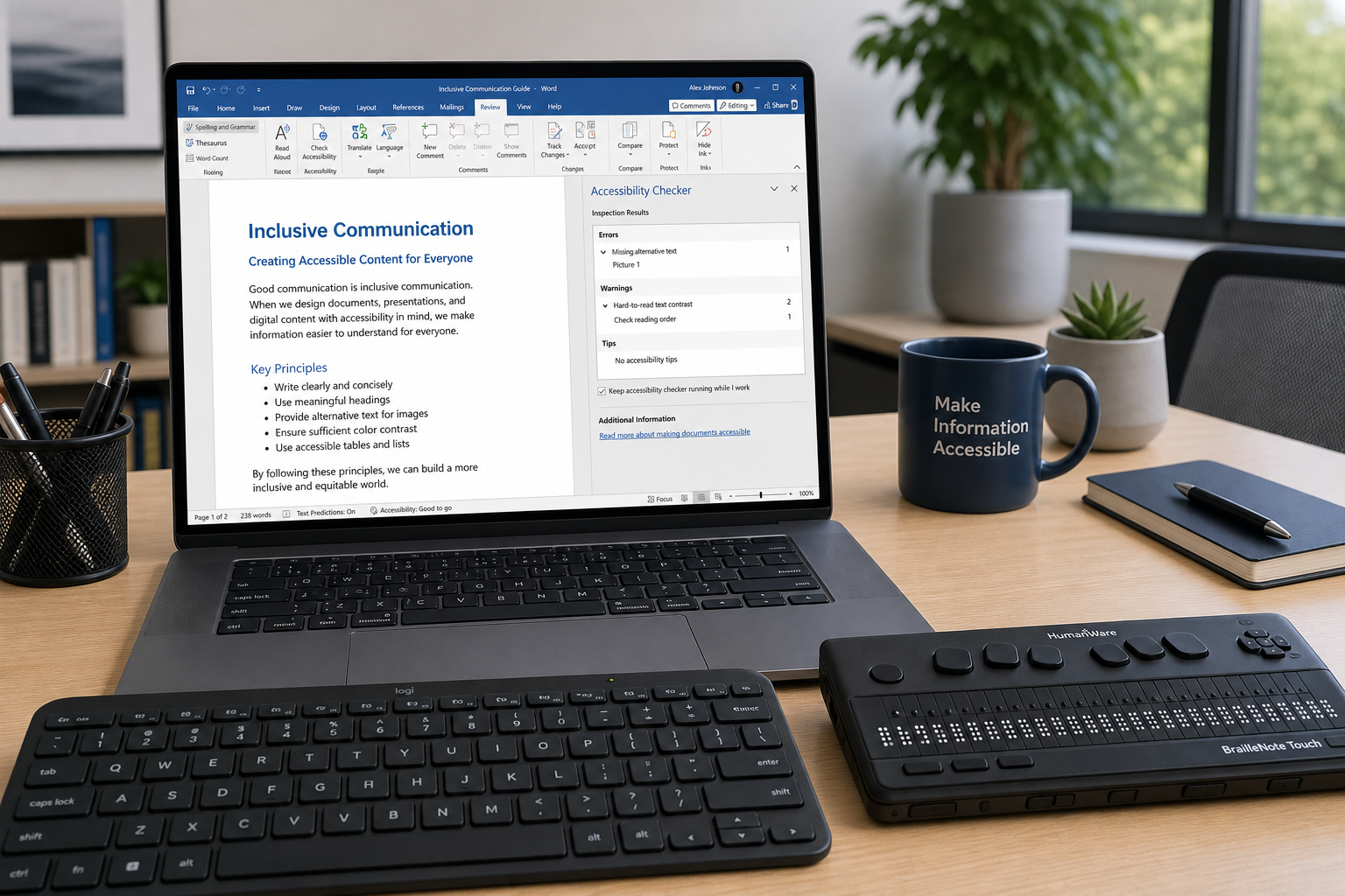 Office accessibility features and screen reader compatibility setup on a laptop