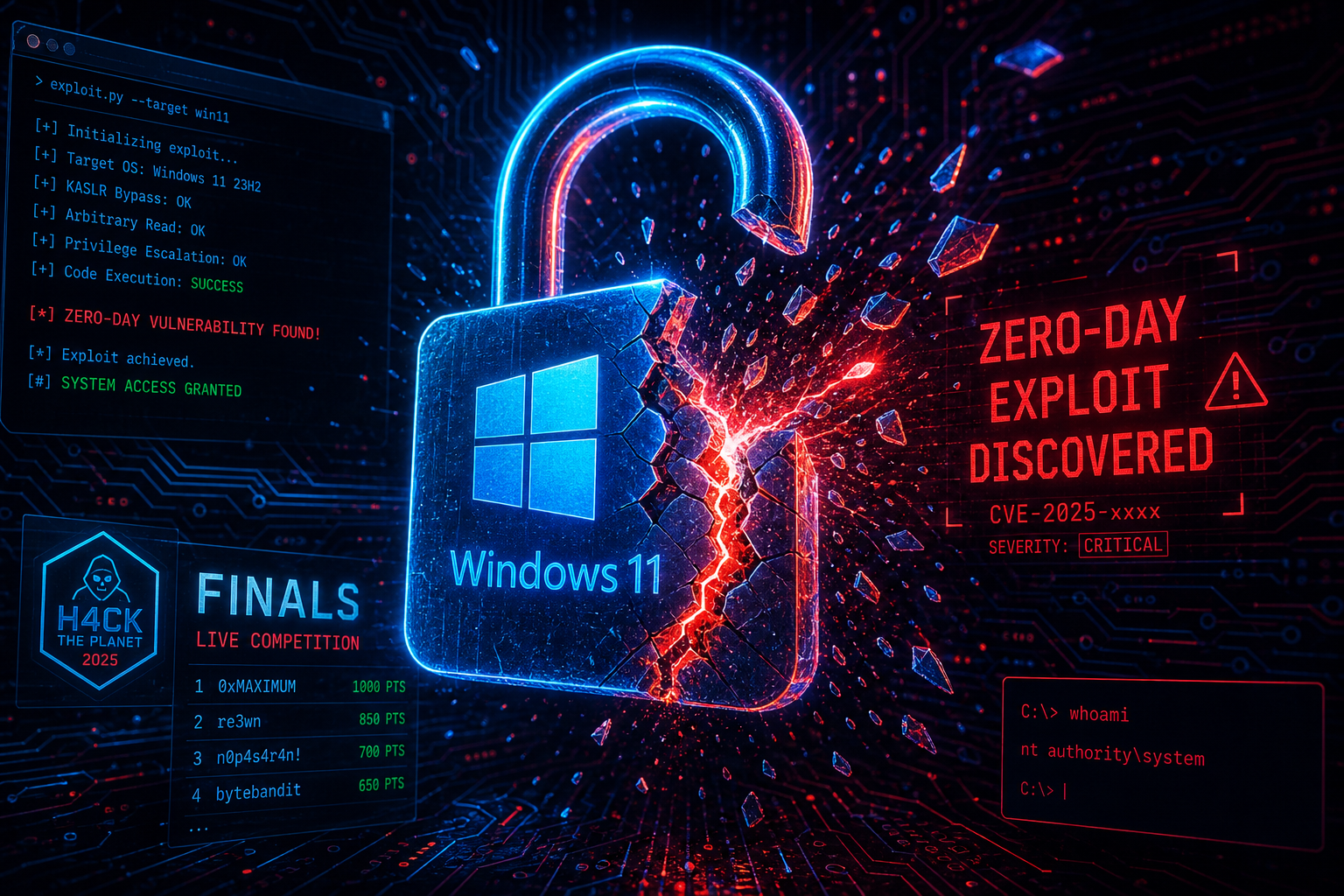 Windows 11 security zero-day exploit visualised as cracking digital padlock