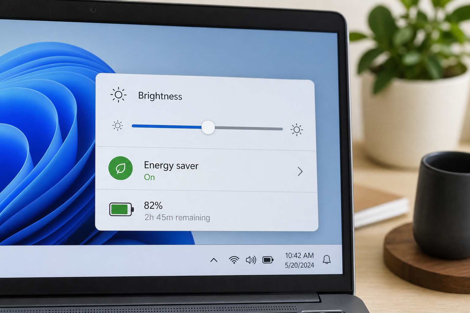 Laptop battery life brightness slider setting on Windows display panel
