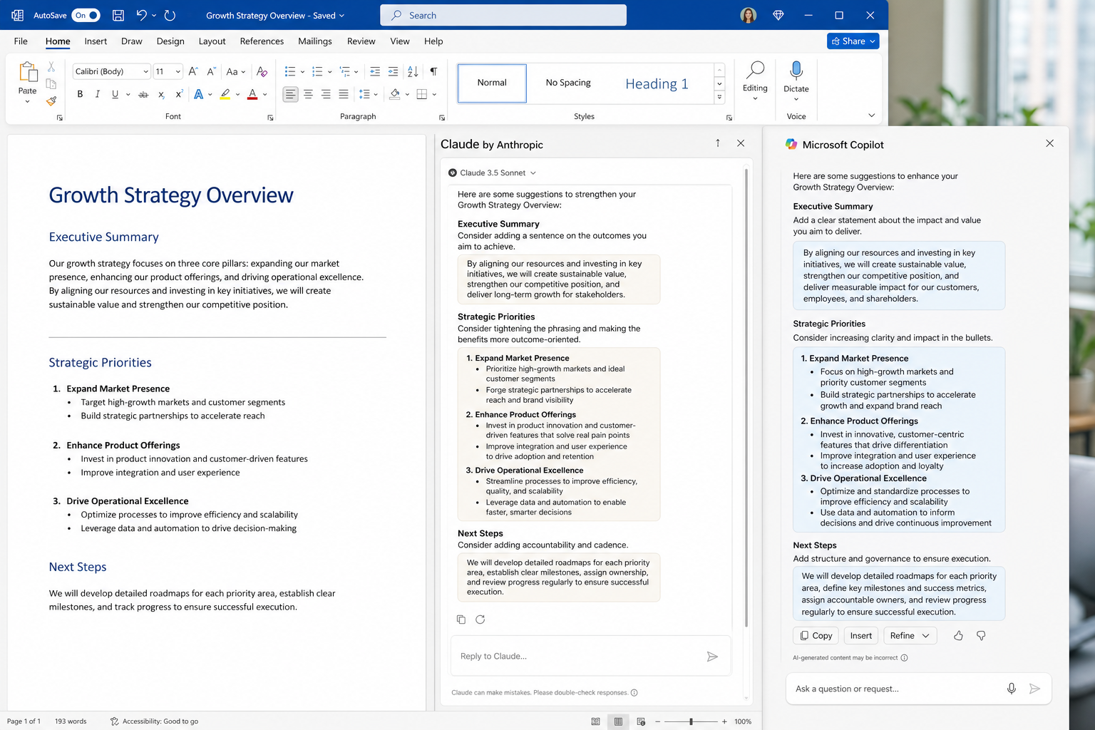 Claude alternative to Copilot Office apps shown side by side in Word