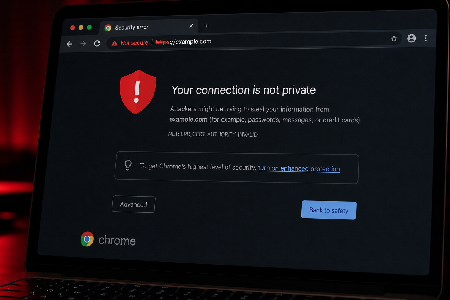 Chrome security update vulnerability warning displayed in browser on laptop
