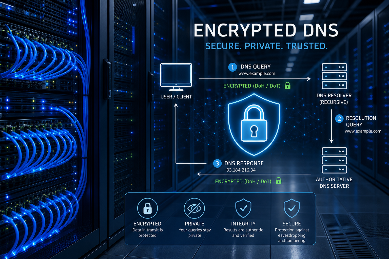 Windows Server DNS encryption with DoH securing enterprise network traffic