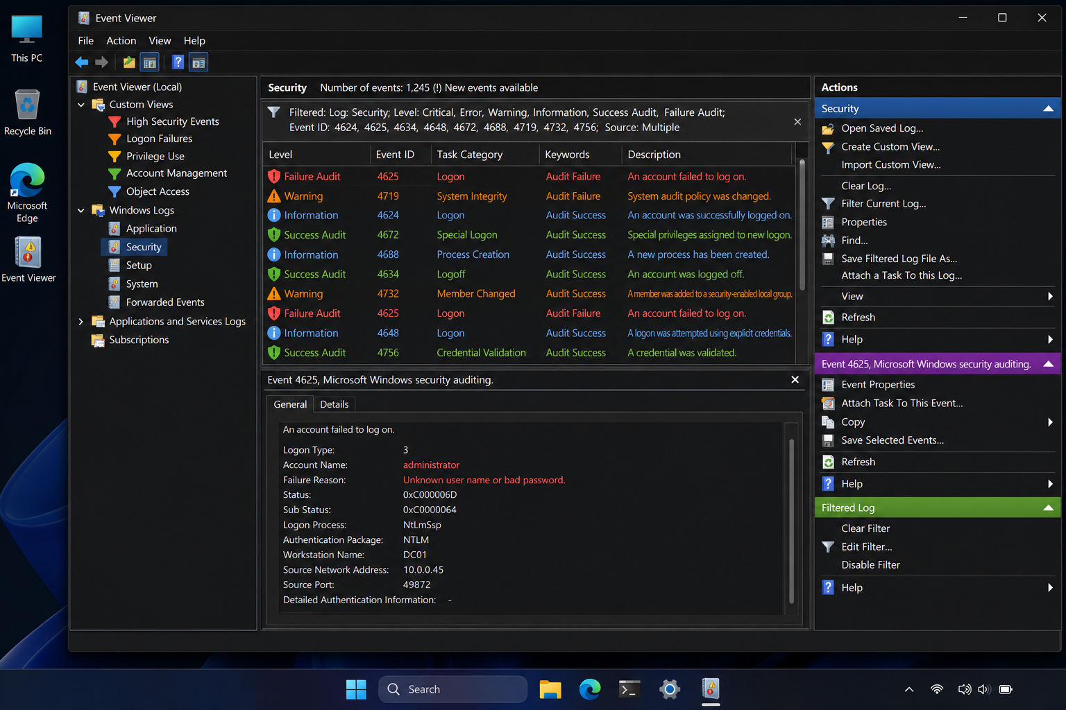 Windows Event Viewer logging optimisation showing security log and event IDs