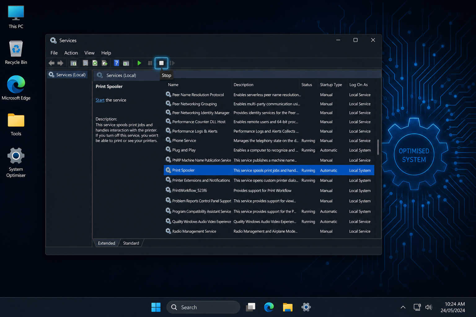 Windows Services manager open showing how to disable Windows background services