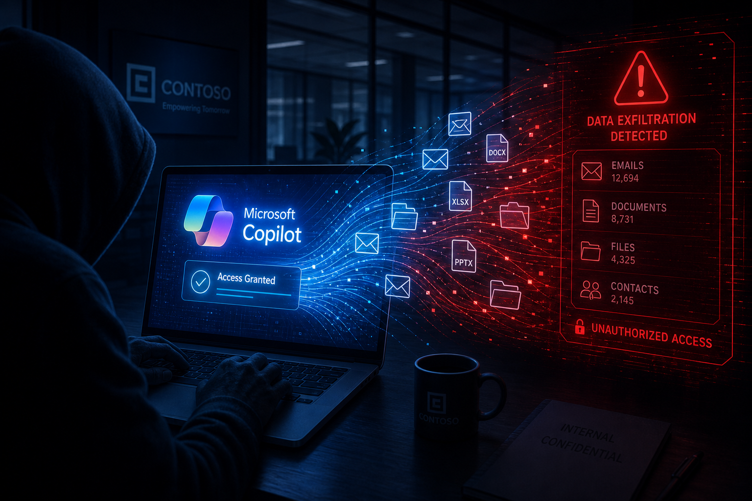 Microsoft Copilot data exfiltration attack concept with warning overlay