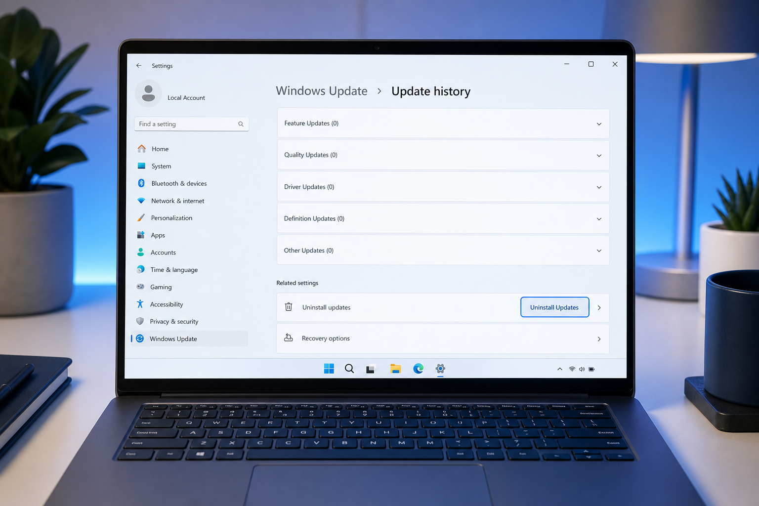 Windows update rollback settings panel on a laptop screen