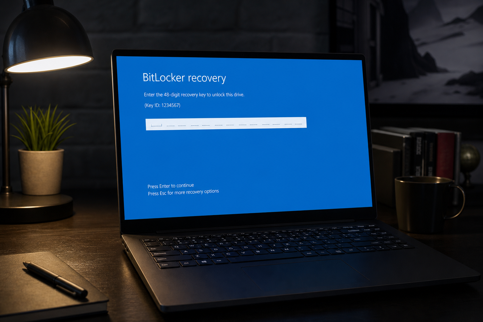 Windows 11 laptop displaying BitLocker boot issues recovery key screen