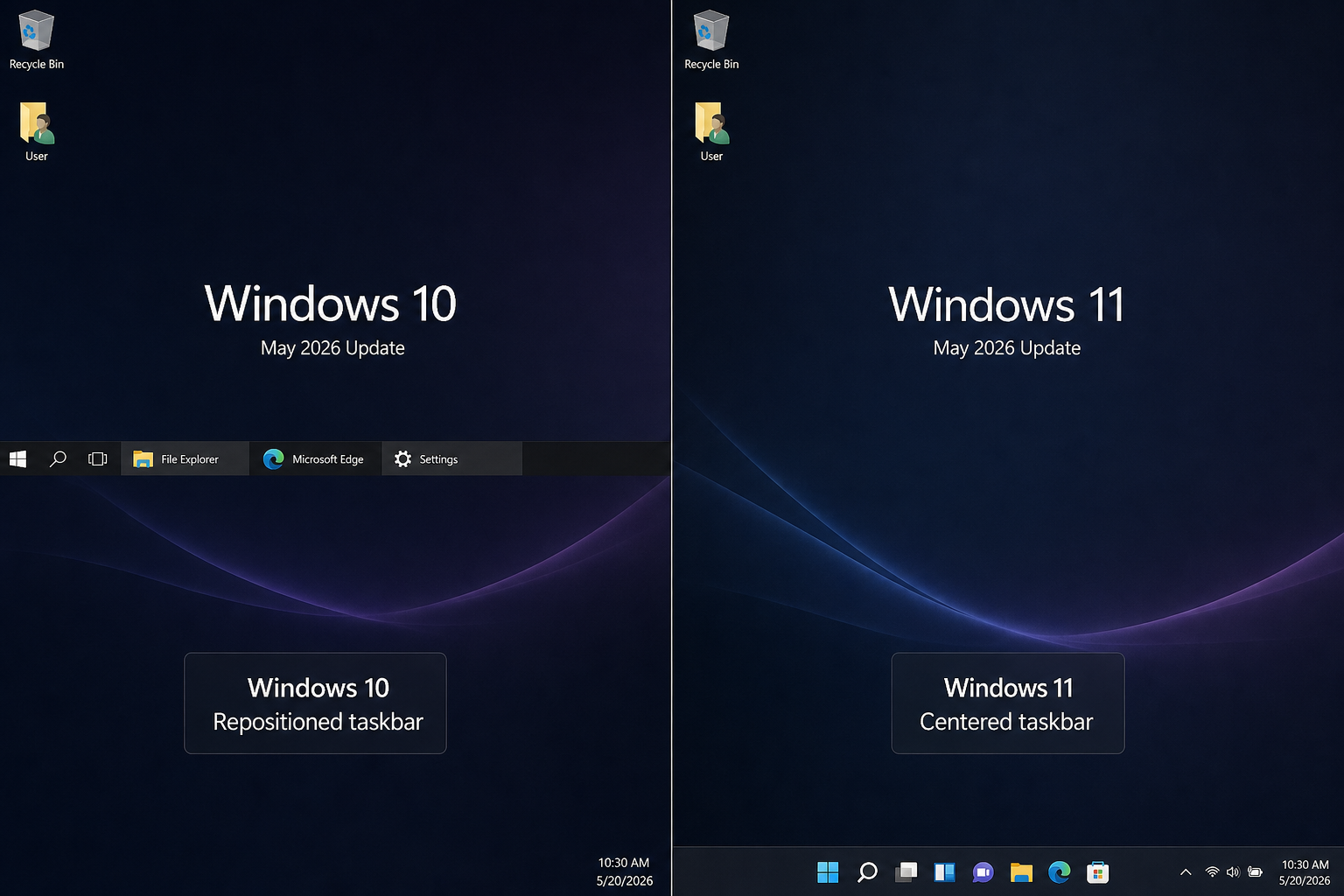 Windows 10 vs Windows 11 taskbar side-by-side desktop comparison