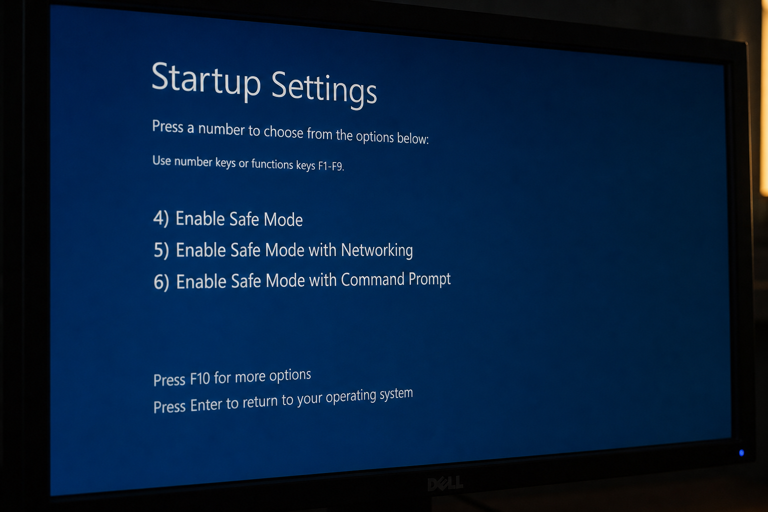 Windows safe mode Startup Settings screen on a PC monitor