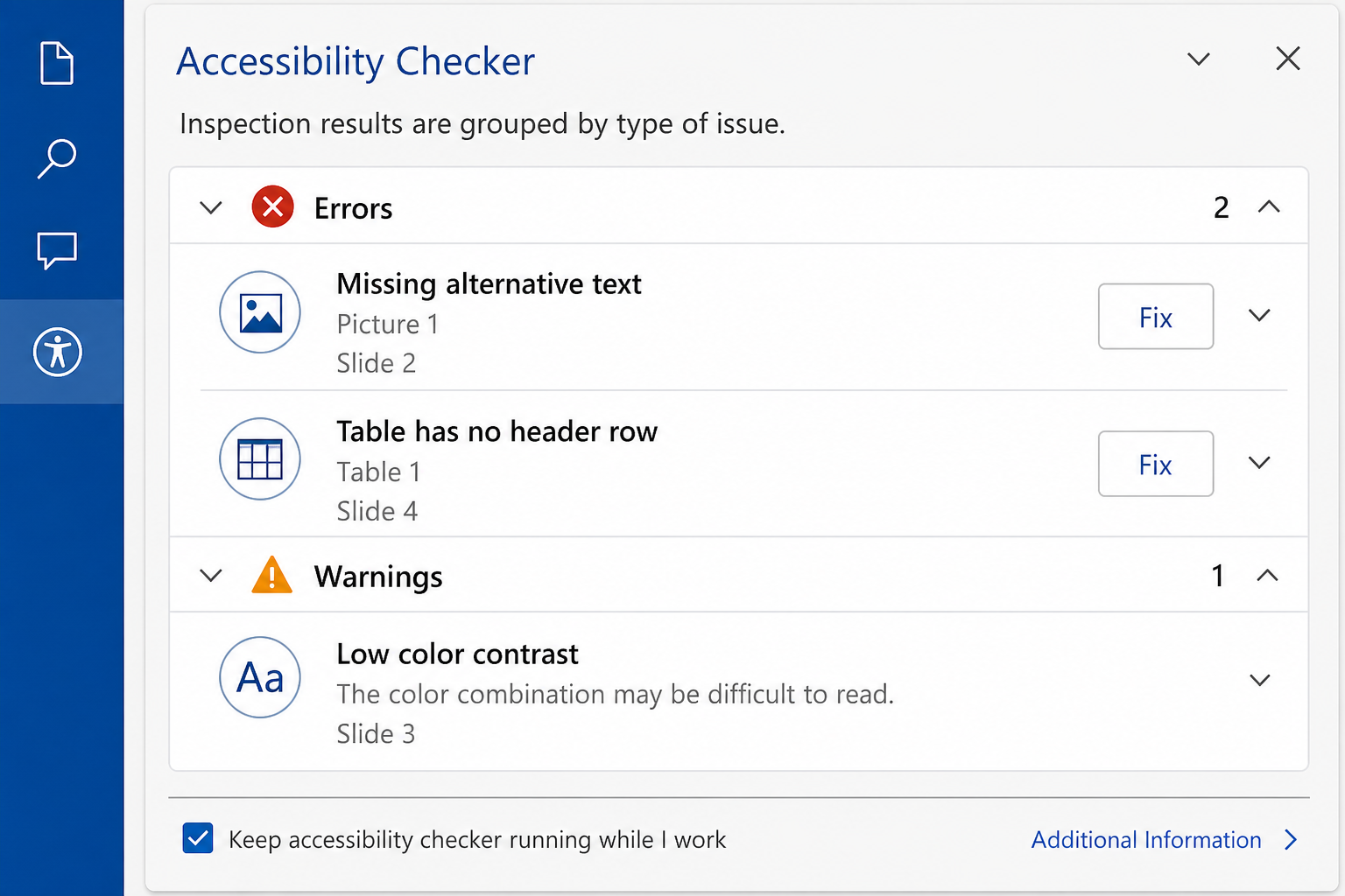 Microsoft Office Accessibility Checker panel showing WCAG compliance errors and warnings