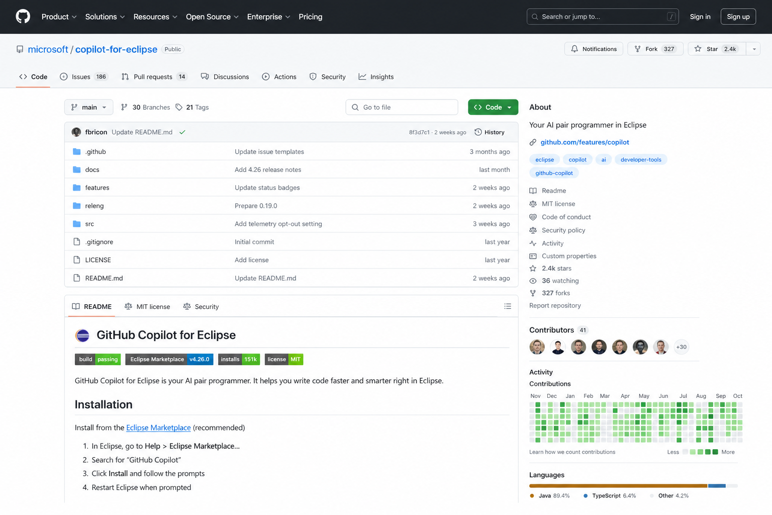 Open source Copilot Eclipse plugin repository showing MIT licence and install steps
