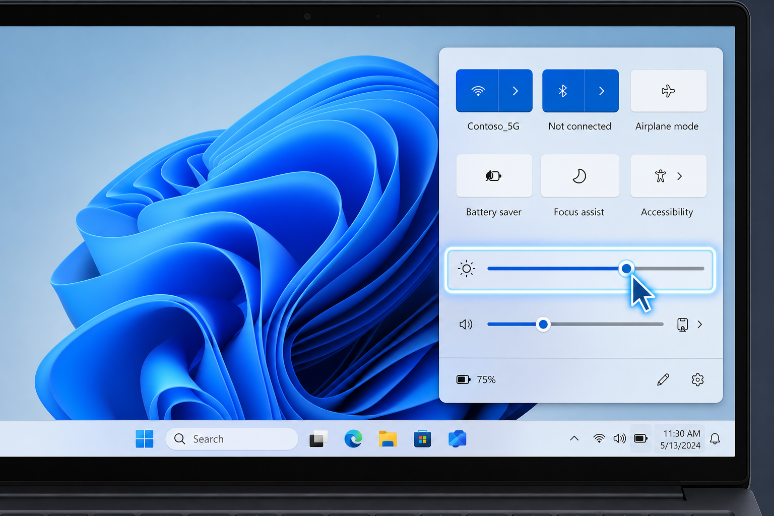 Windows 11 Quick Settings panel with laptop battery life brightness slider visible