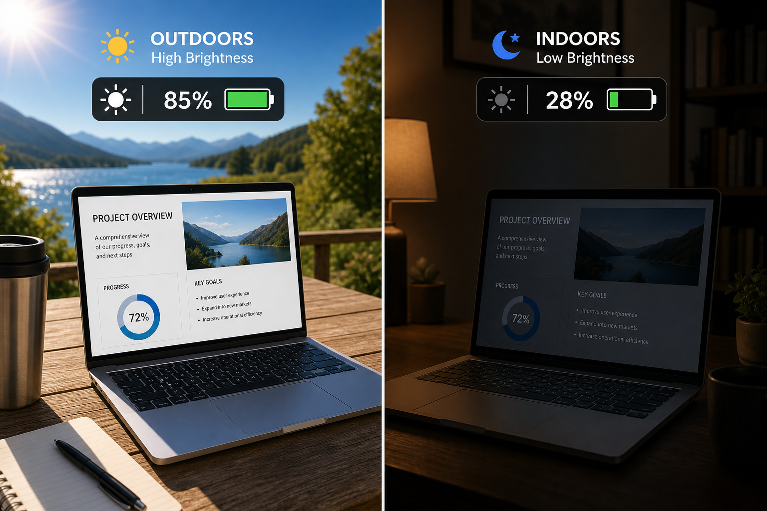 Optimal laptop display power saving brightness levels for indoor and outdoor use